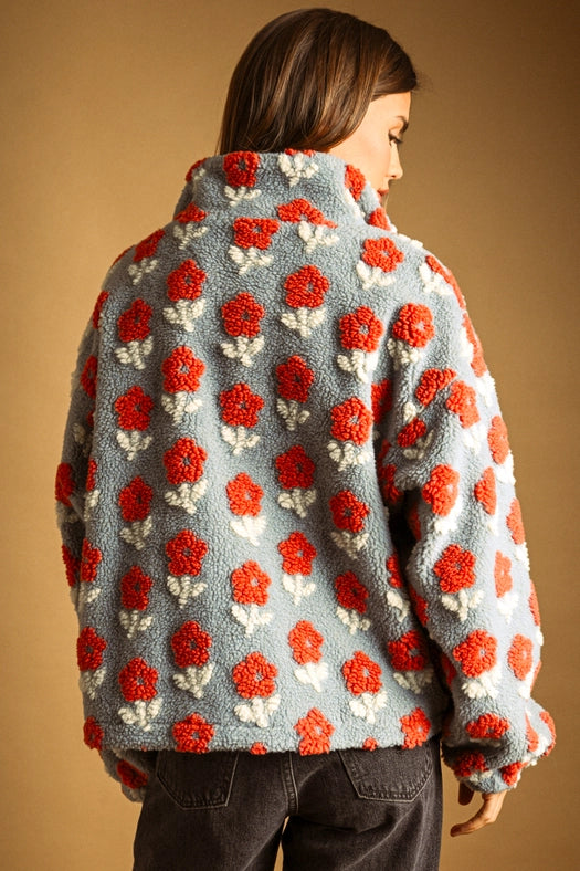 Flower Pattern Sherpa Jacket - Blue/Rust