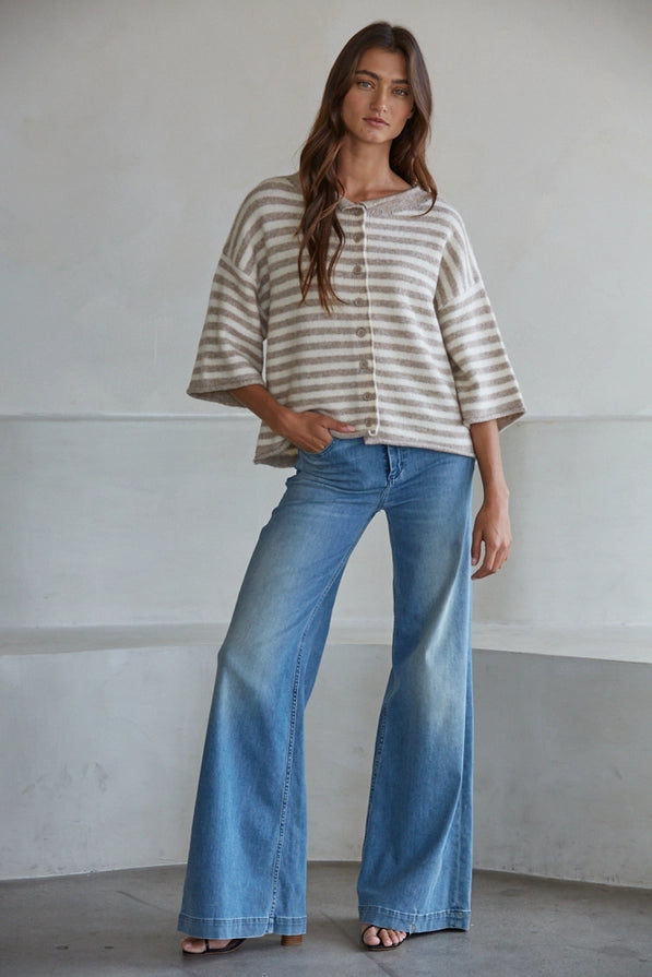 Striped Quarter Sleeve Cardigan - Taupe