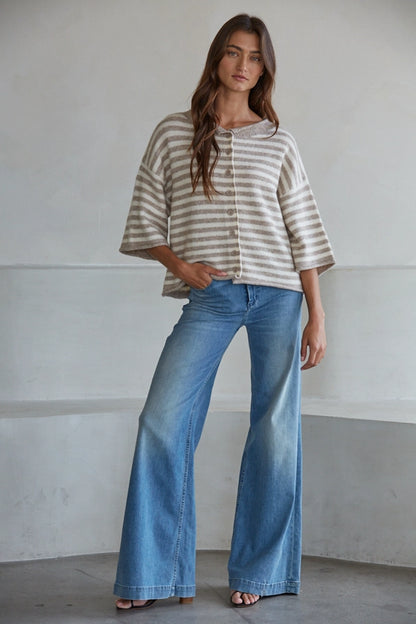 Striped Quarter Sleeve Cardigan - Taupe