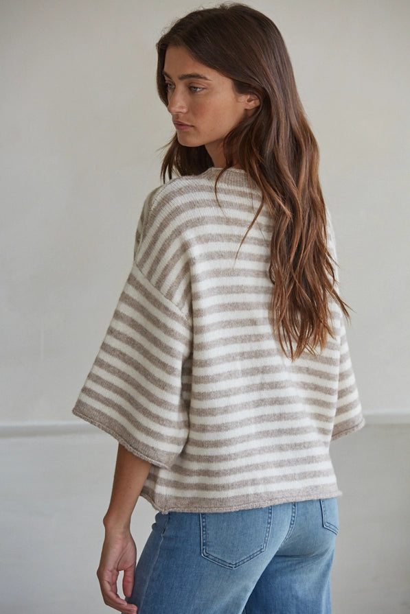 Striped Quarter Sleeve Cardigan - Taupe