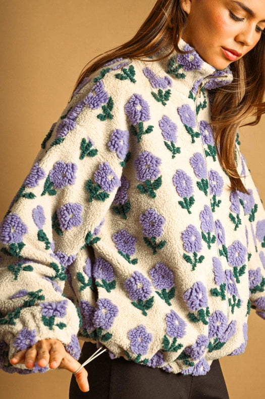 Flower Pattern Sherpa Jacket - Ecru/Periwinkle