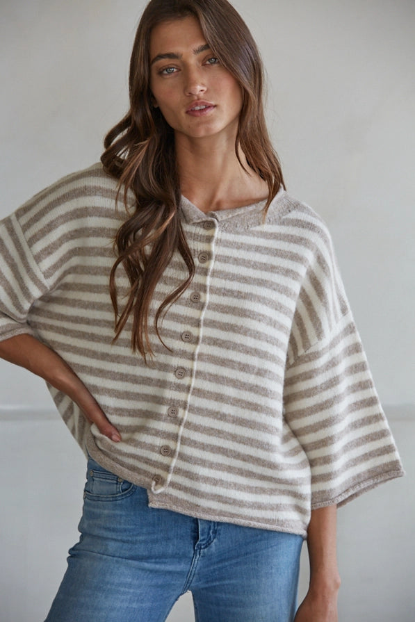 Striped Quarter Sleeve Cardigan - Taupe