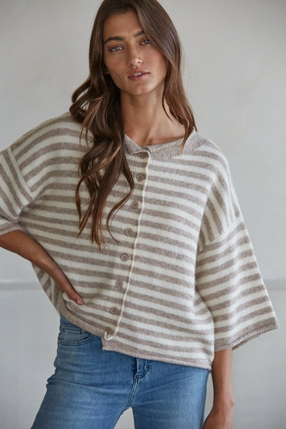 Striped Quarter Sleeve Cardigan - Taupe