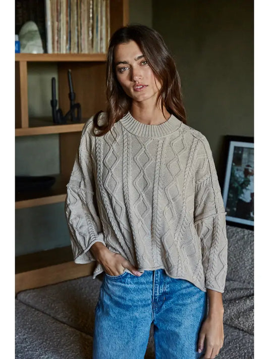 Cotton Cable 3/4 Sweater - Taupe