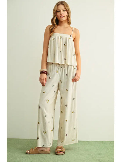 Embroidered Gauze Wide Leg Pant