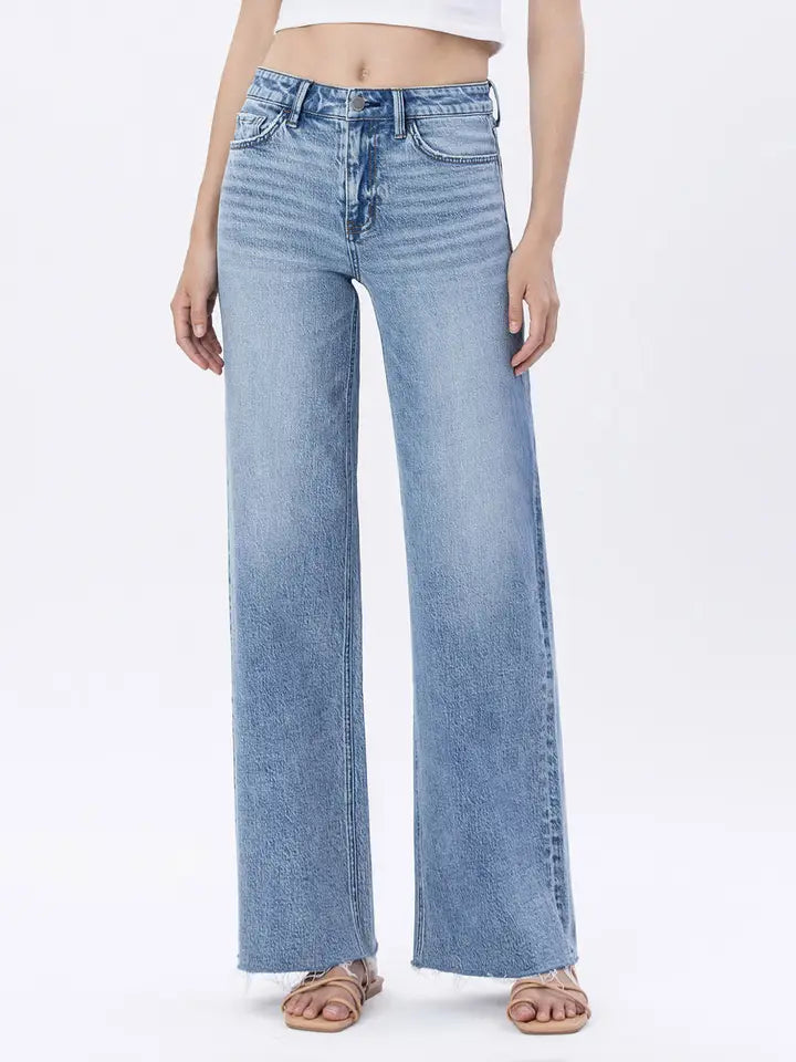 High Rise Raw Hem Wide Jeans - Modernity