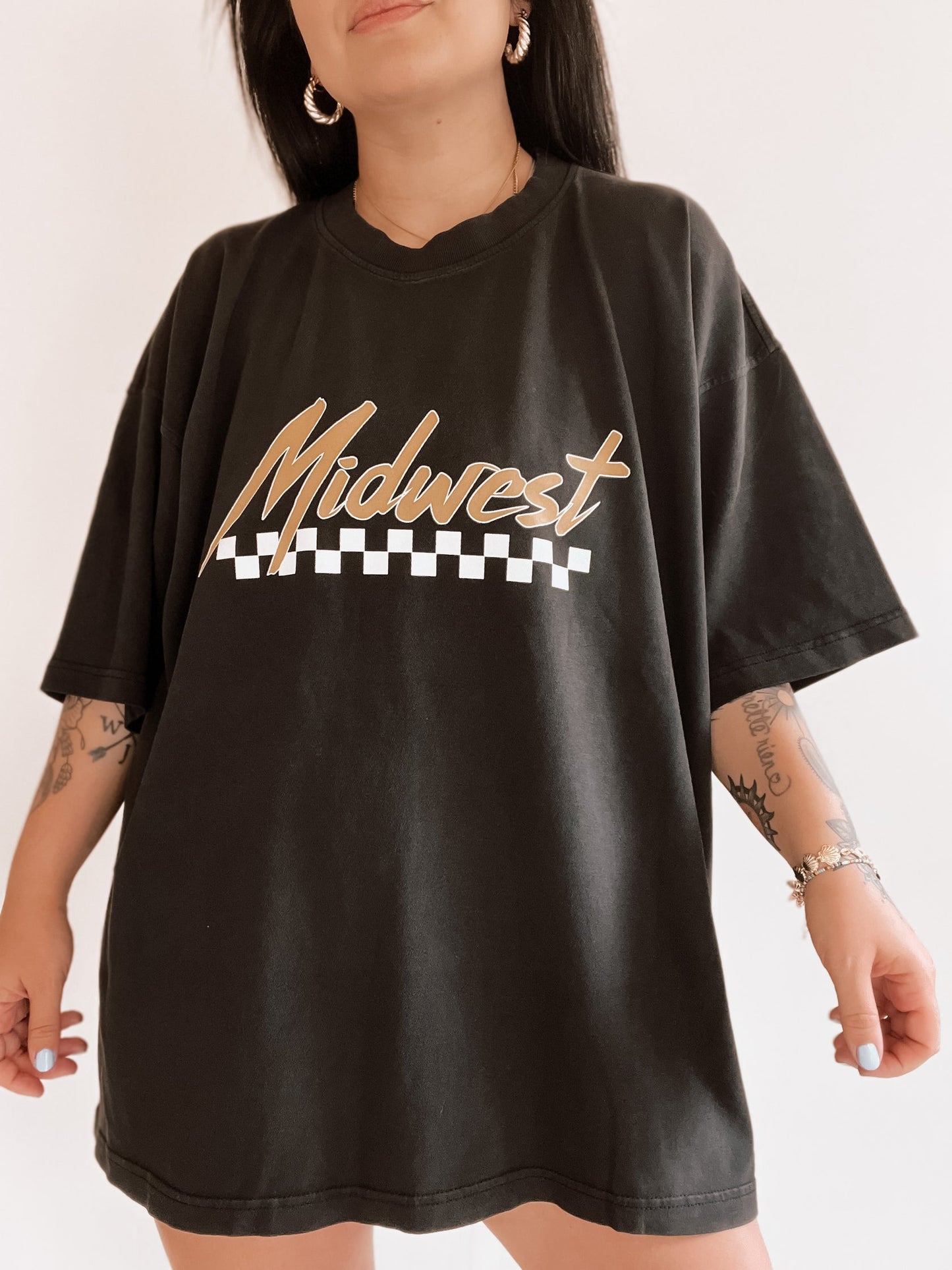 Midwest Checkered Oversized Graphic Tee - Black
