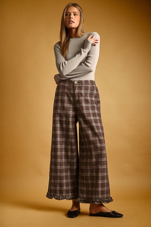 Plaid Ruffle Pants - Chocolate