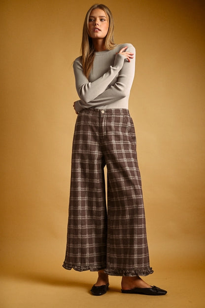 Plaid Ruffle Pants - Chocolate