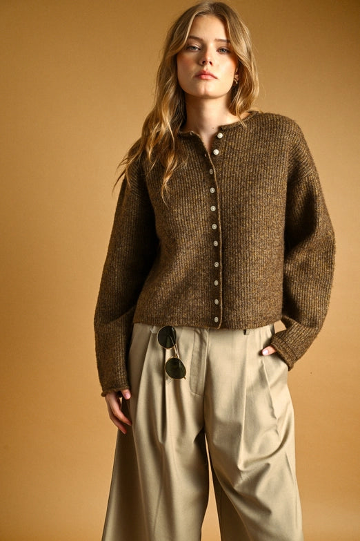 Ribbed Sweater Cardigan - Brown
