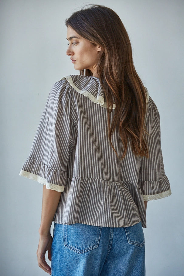 Linen Striped Ruffle Top - Grey