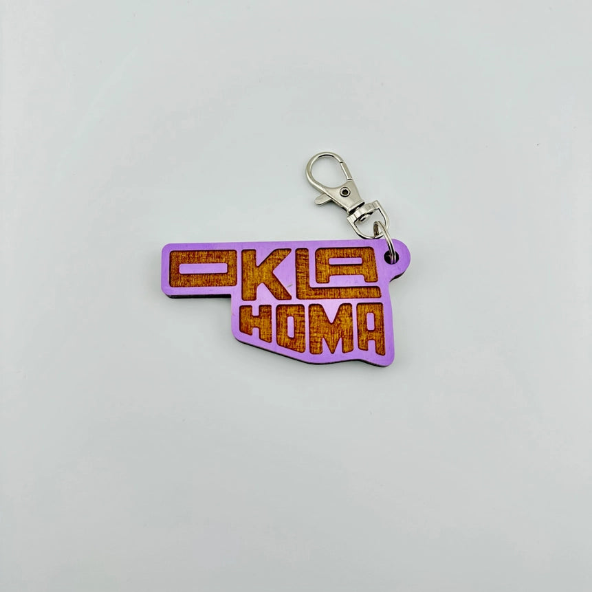 OK State Fill Wooden Keychain - Purple