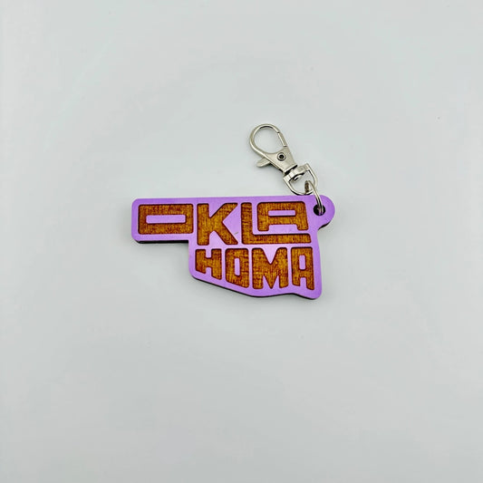 OK State Fill Wooden Keychain - Purple