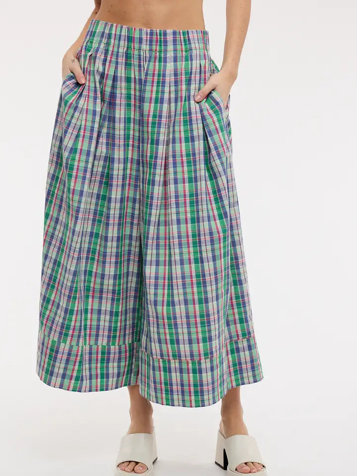 Plaid Wide Leg Pants - Green Combo