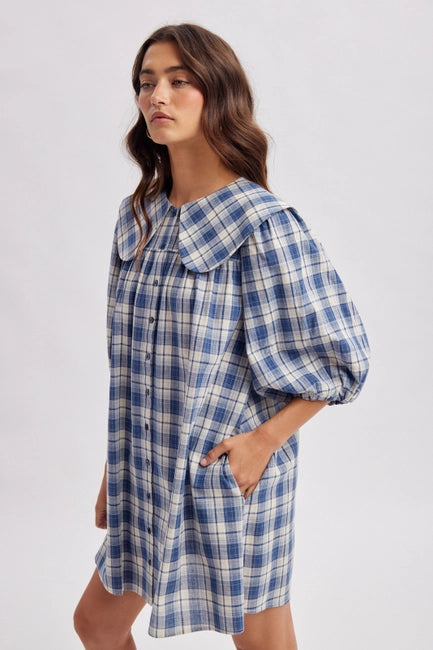 Peter Pan Collar Plaid Mini Dress - Blue