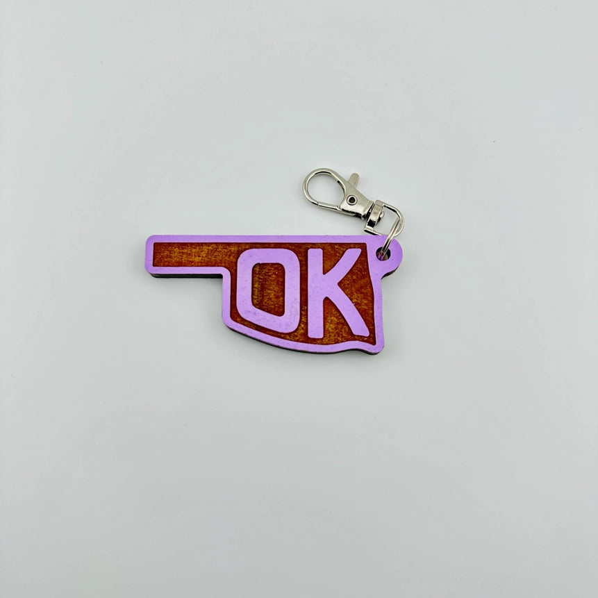 OK State Wooden Keychain - Purple