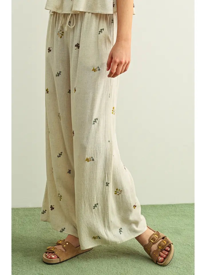 Embroidered Gauze Wide Leg Pant