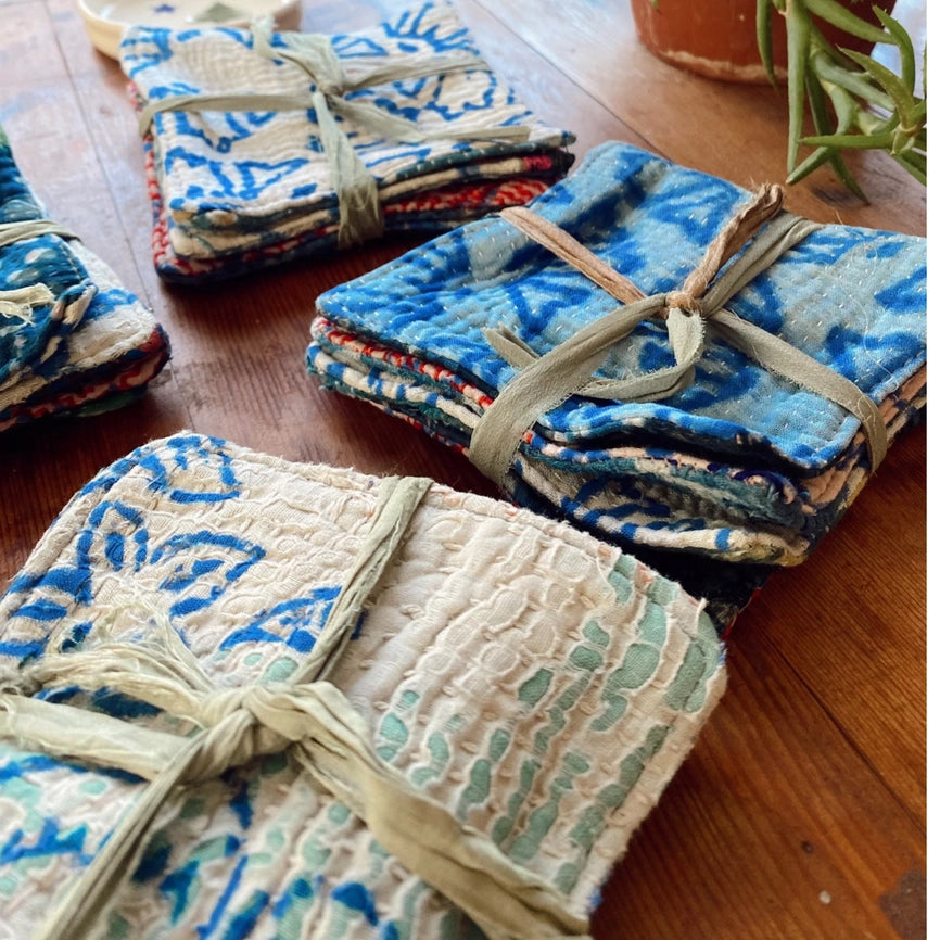 Coasters White and Indigo-Dyed Old Cotton Kanthas