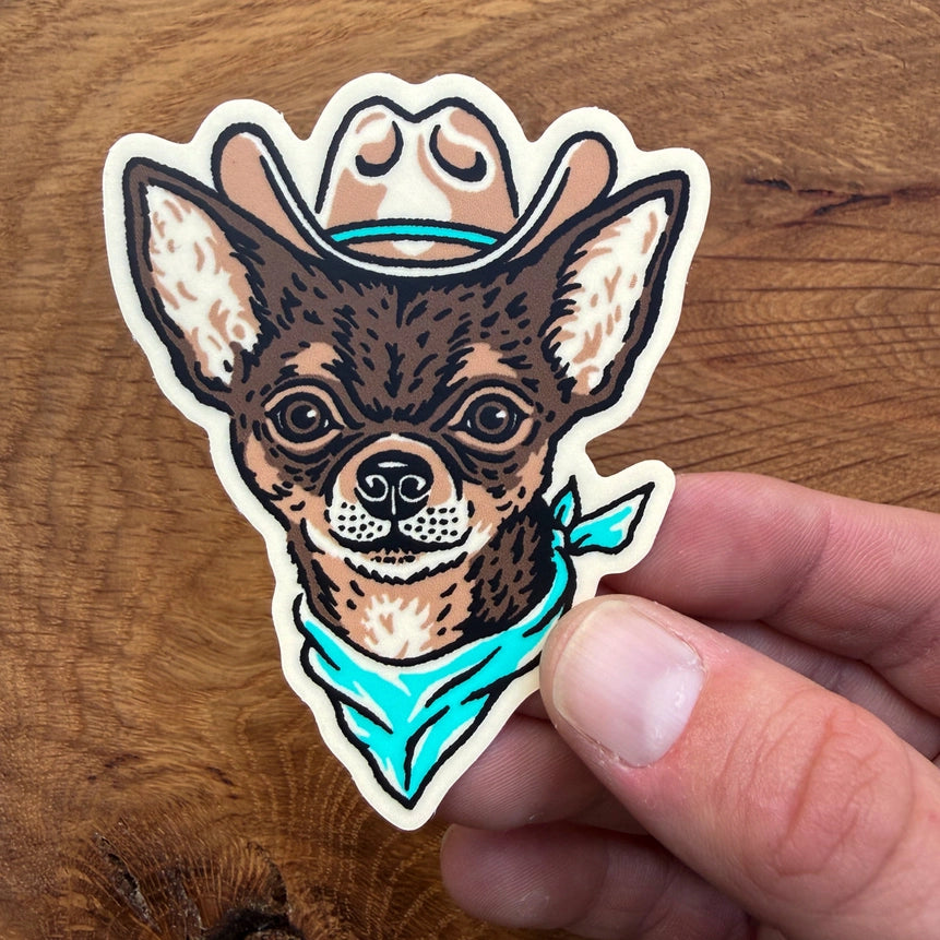 Brown Chihuahua Cowdog - Vinyl Cowboy Dog Sticker 3"
