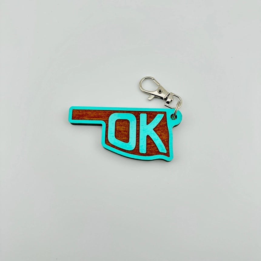 OK State Wooden Keychain - Turquoise