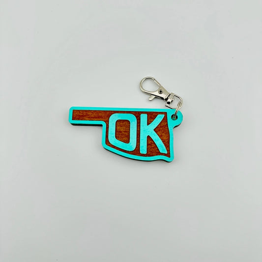 OK State Wooden Keychain - Turquoise