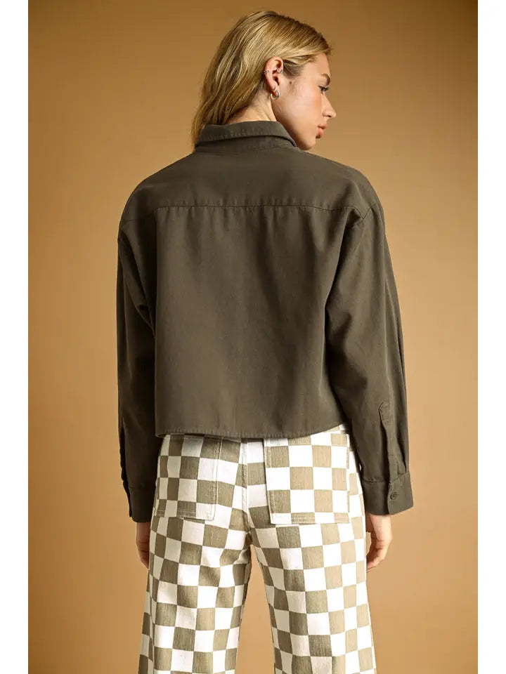 L/S Button Down Crop - Charcoal