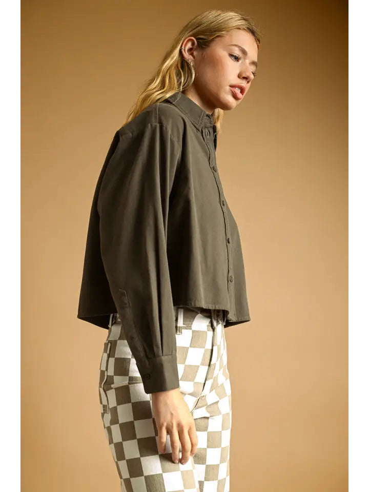 L/S Button Down Crop - Charcoal