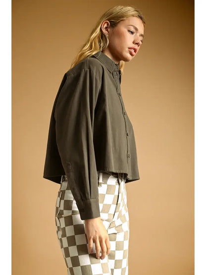 L/S Button Down Crop - Charcoal