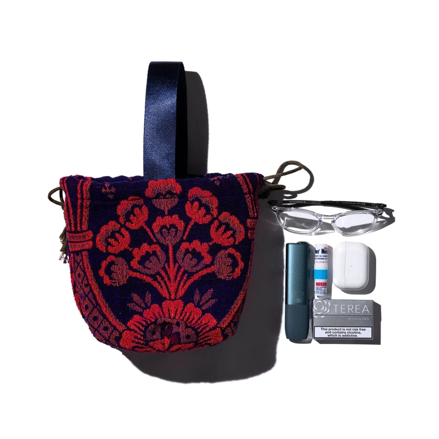 Jacquard Fabric Drawstring Bag - Navy Blue