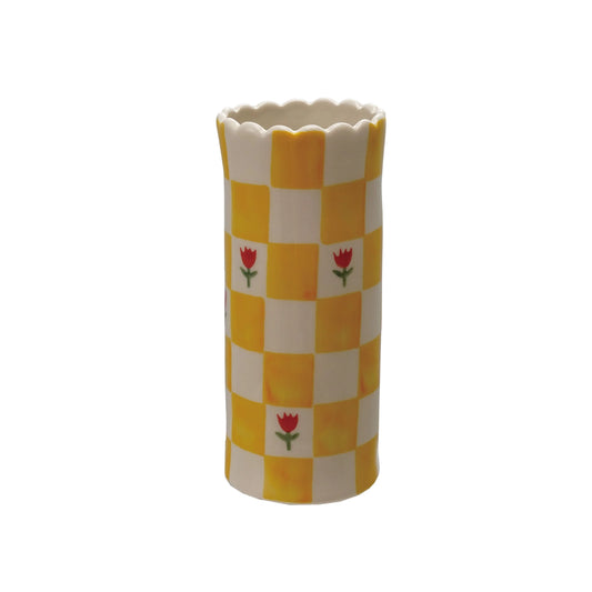 Stoneware Vase w/ Checkered Pattern
