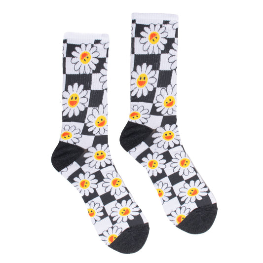 Checker Daisy Ribbed Socks - Charcoal