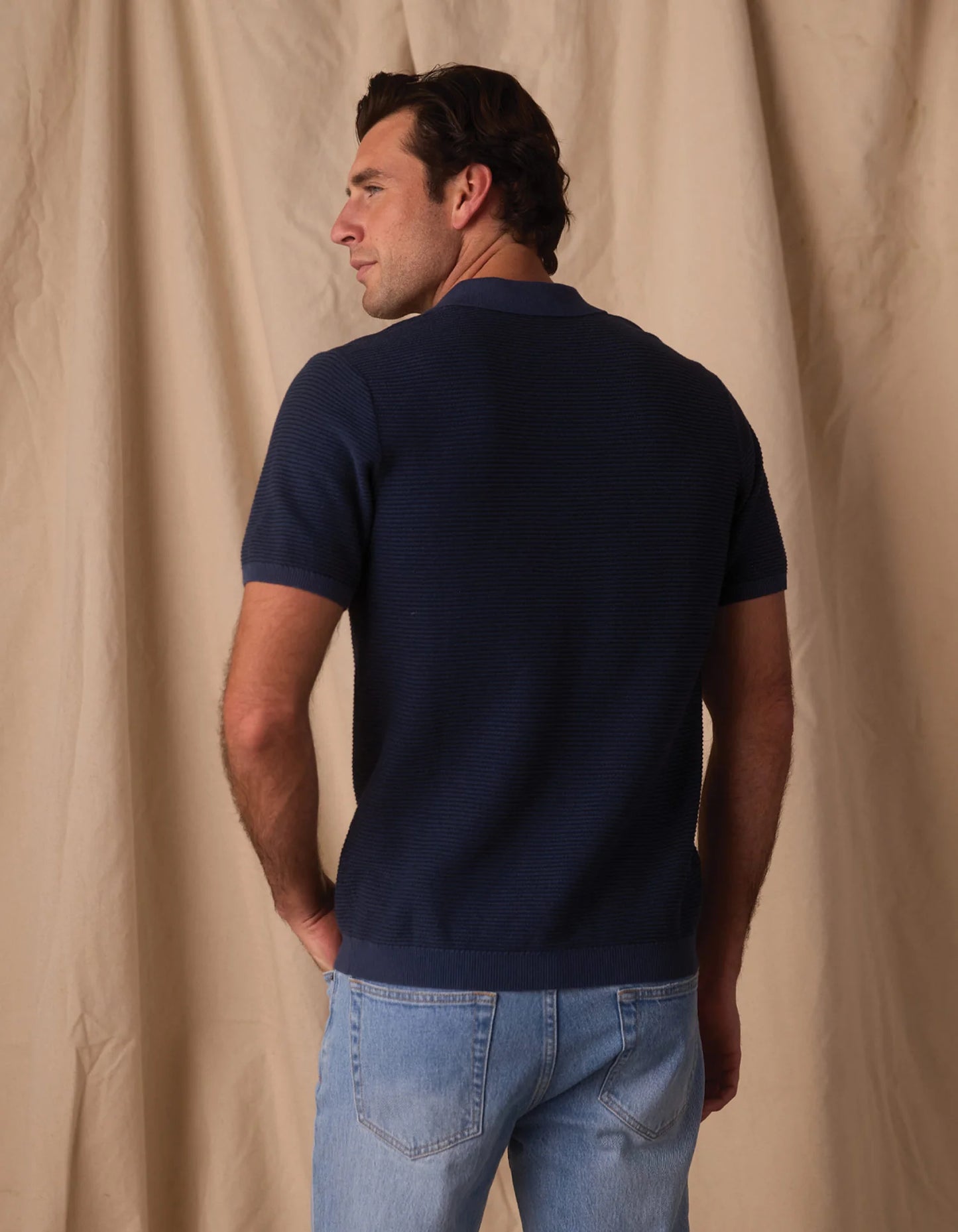 Robles Birdseye Knit Polo in Denim/Dark Navy