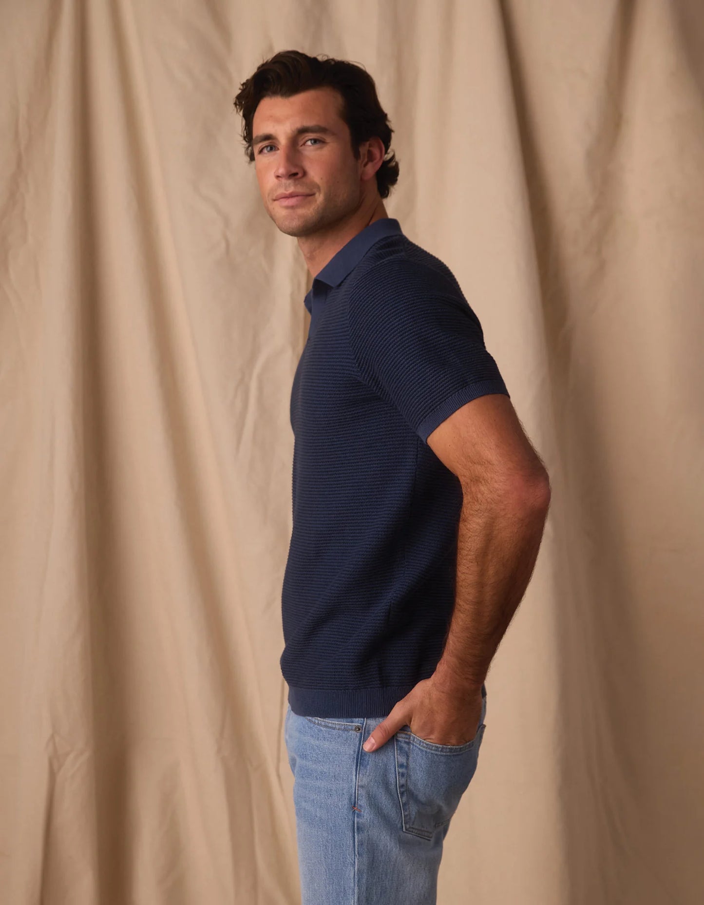 Robles Birdseye Knit Polo in Denim/Dark Navy