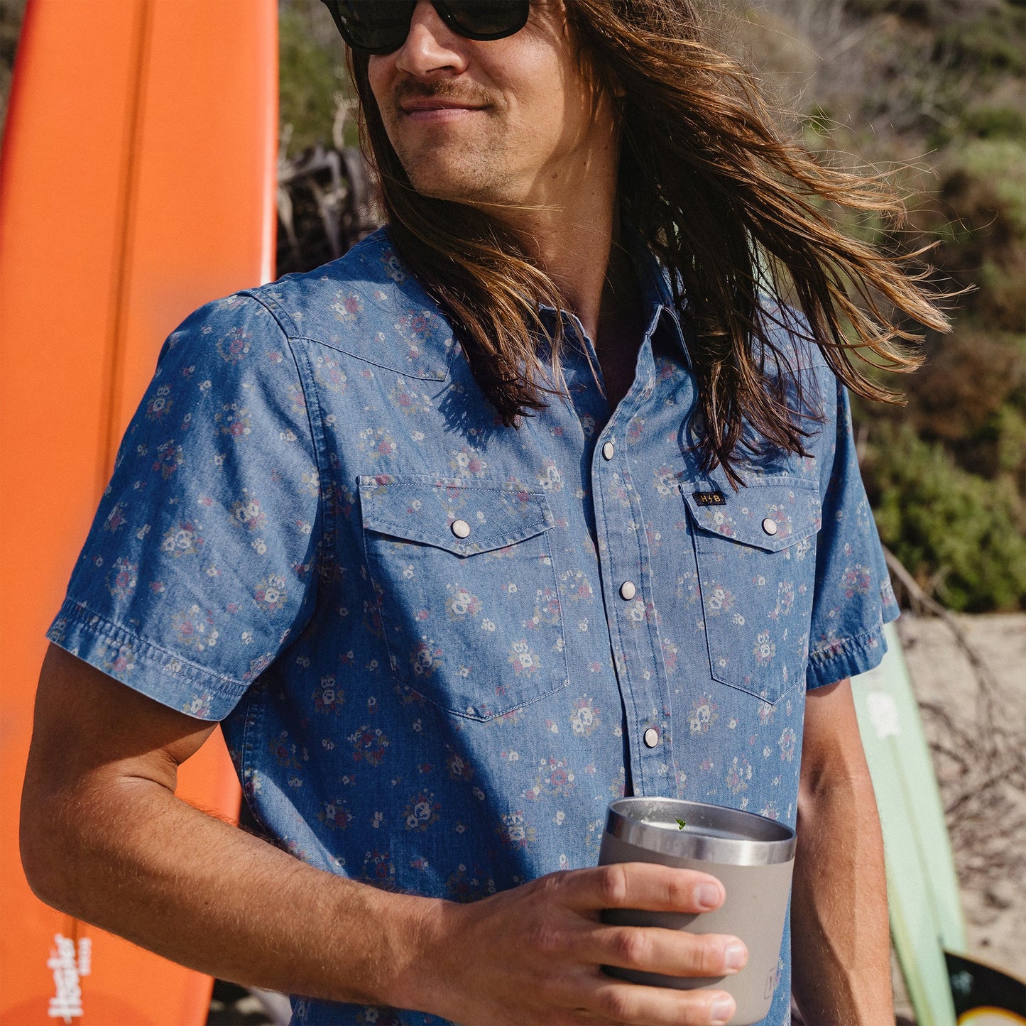 H Bar B Snapshirt - Bouquets - Washed Indigo