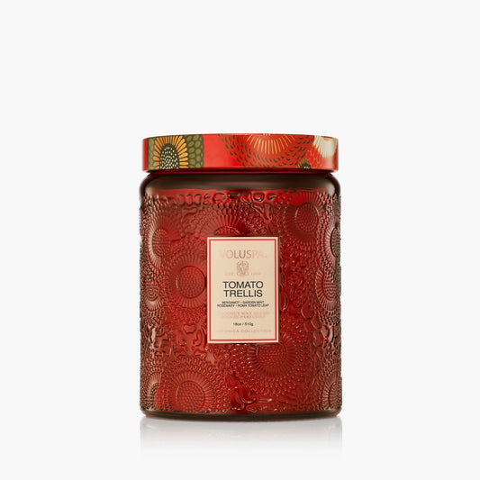 Large Embossed Glass Candle - Tomato Trellis
