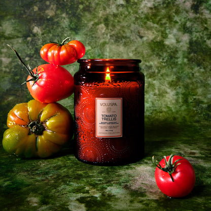 Large Embossed Glass Candle - Tomato Trellis