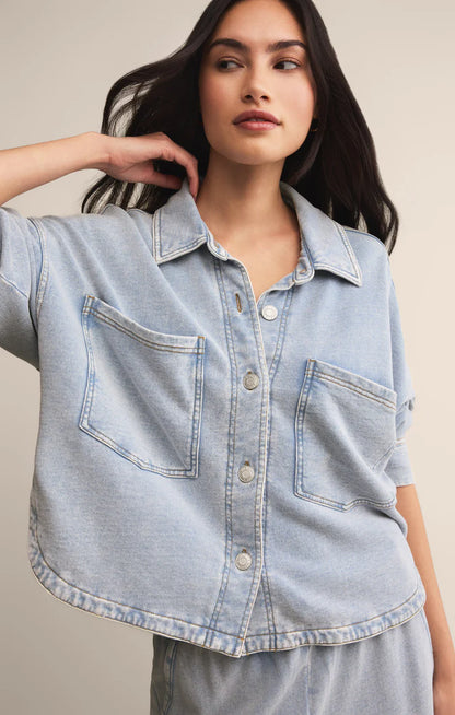 All Day Cropped Knit Denim Jacket - Washed Indigo