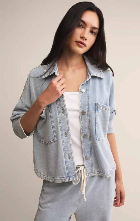 All Day Cropped Knit Denim Jacket - Washed Indigo