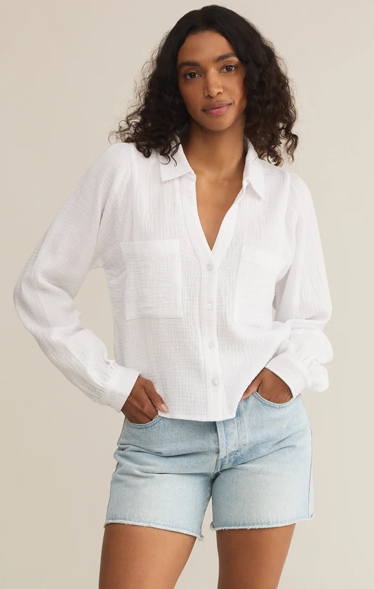 Campo Button Up Gauze Top - White