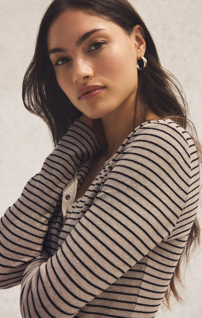 Stella Stripe Ribbed Henley - Heather Taupe
