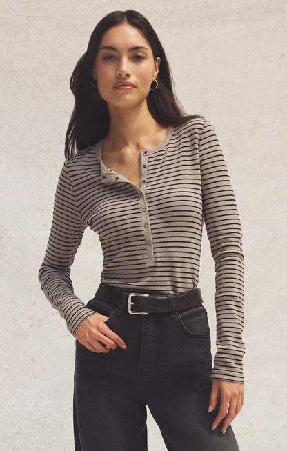 Stella Stripe Ribbed Henley - Heather Taupe