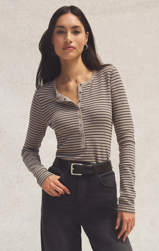 Stella Stripe Ribbed Henley - Heather Taupe