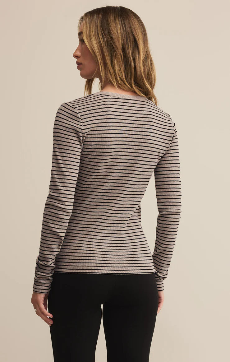 Stella Stripe Ribbed Henley - Heather Taupe
