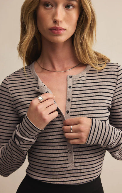 Stella Stripe Ribbed Henley - Heather Taupe