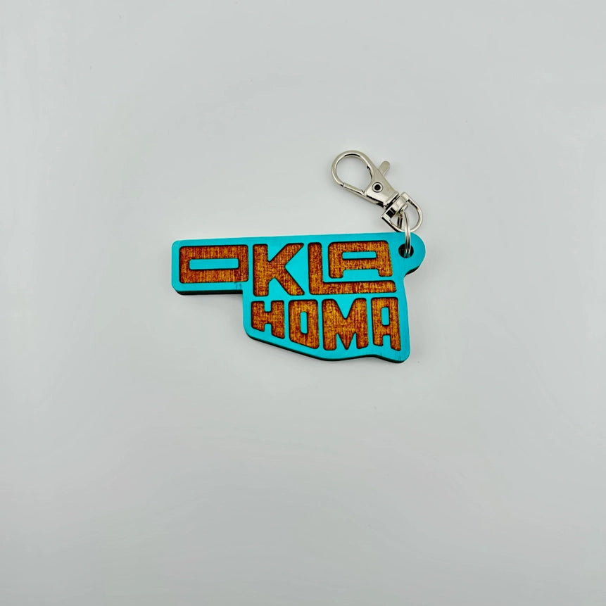 OK State Fill Wooden Keychain - Teal