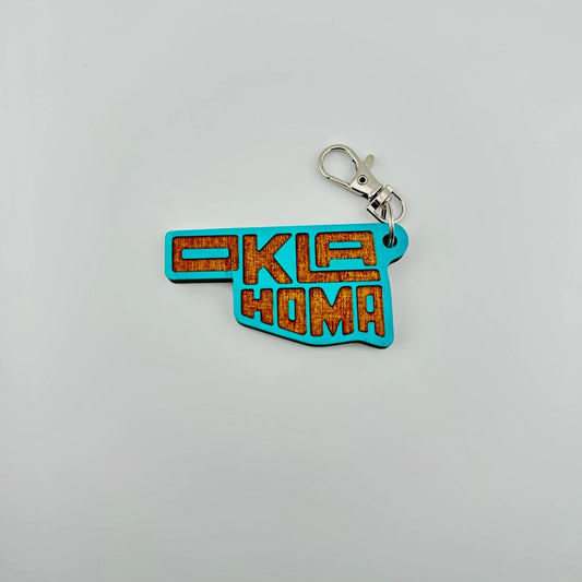 OK State Fill Wooden Keychain - Teal