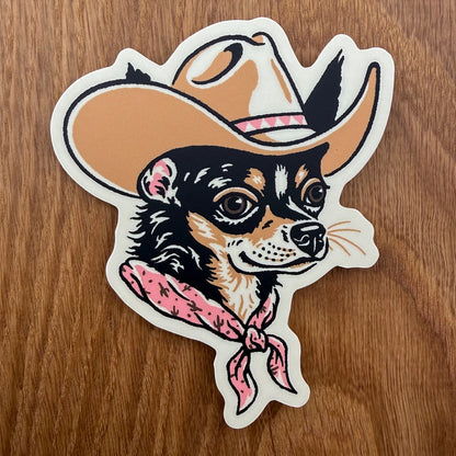 Chihuahua (Black/Tan) Vinyl Cowboy Dog Sticker 4"