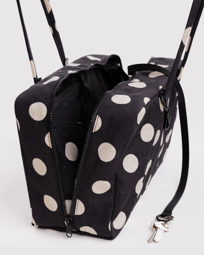 Medium Nylon Bowler Bag - Black & Cream Polka Dot
