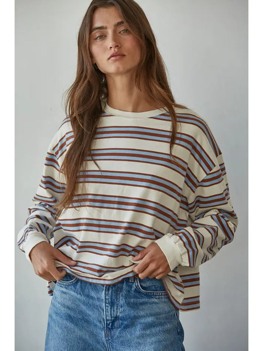 Stripe Crew Neck L/S Tee - Blue Camel