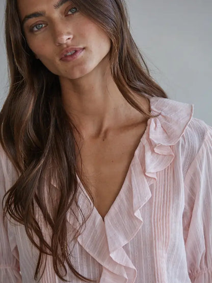 Ruffle V-Neck Top - Baby Pink